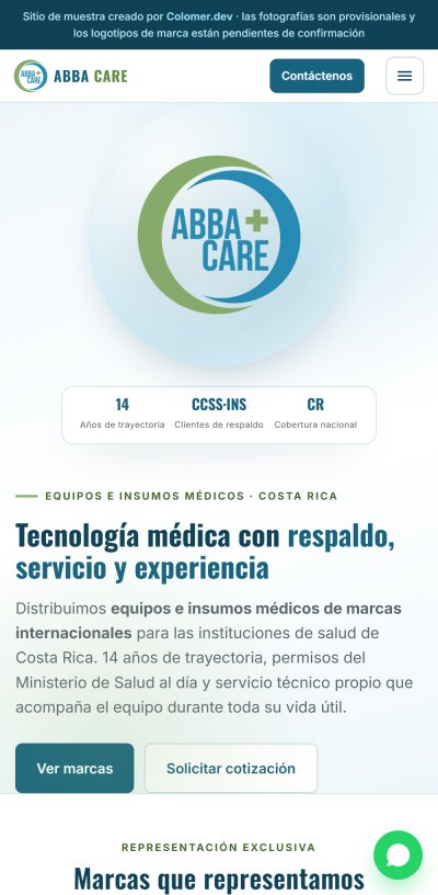 Portada del sitio de Abba Care, distribuidora de equipo e insumos médicos, con su logotipo y los años de trayectoria.