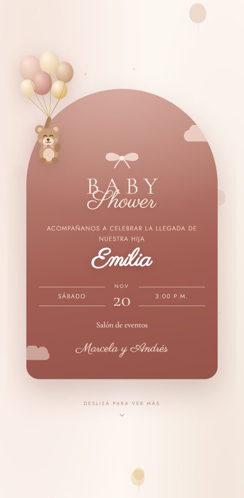 Ejemplo de invitación de baby shower en tonos terracota, con globos, un osito y los datos del evento sobre un arco.