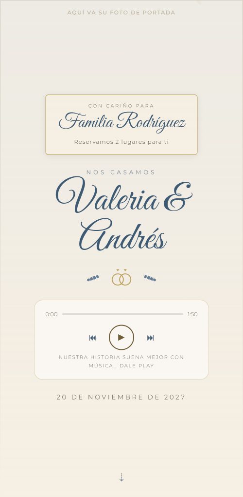 Ejemplo de invitación de boda en azul y crema, con el saludo personalizado al invitado y los pases reservados para esa persona.