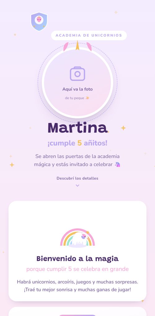 Ejemplo de invitación de cumpleaños infantil con temática de academia de unicornios, en lila y dorado.