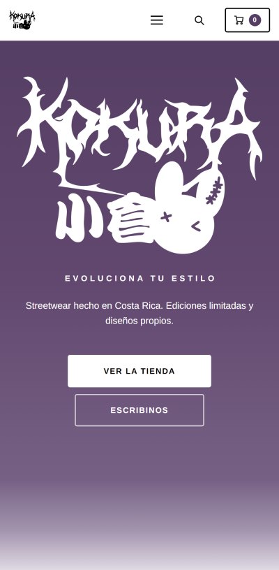Portada de la tienda en línea de Kokura, marca de streetwear gamer y anime, con el logotipo y el acceso a la tienda.