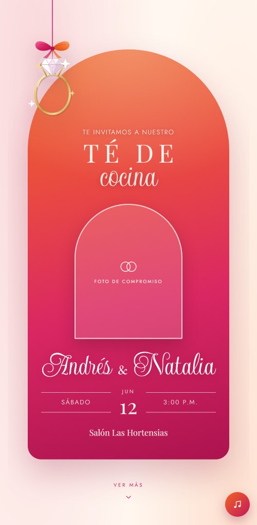Ejemplo de invitación de té de cocina en coral y fucsia, con un anillo de compromiso colgando.